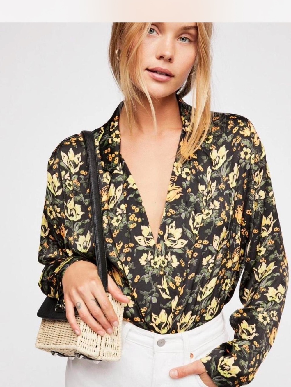 Free People Black Elsa Wrap Floral V-Neck Blouse - Yellow Print